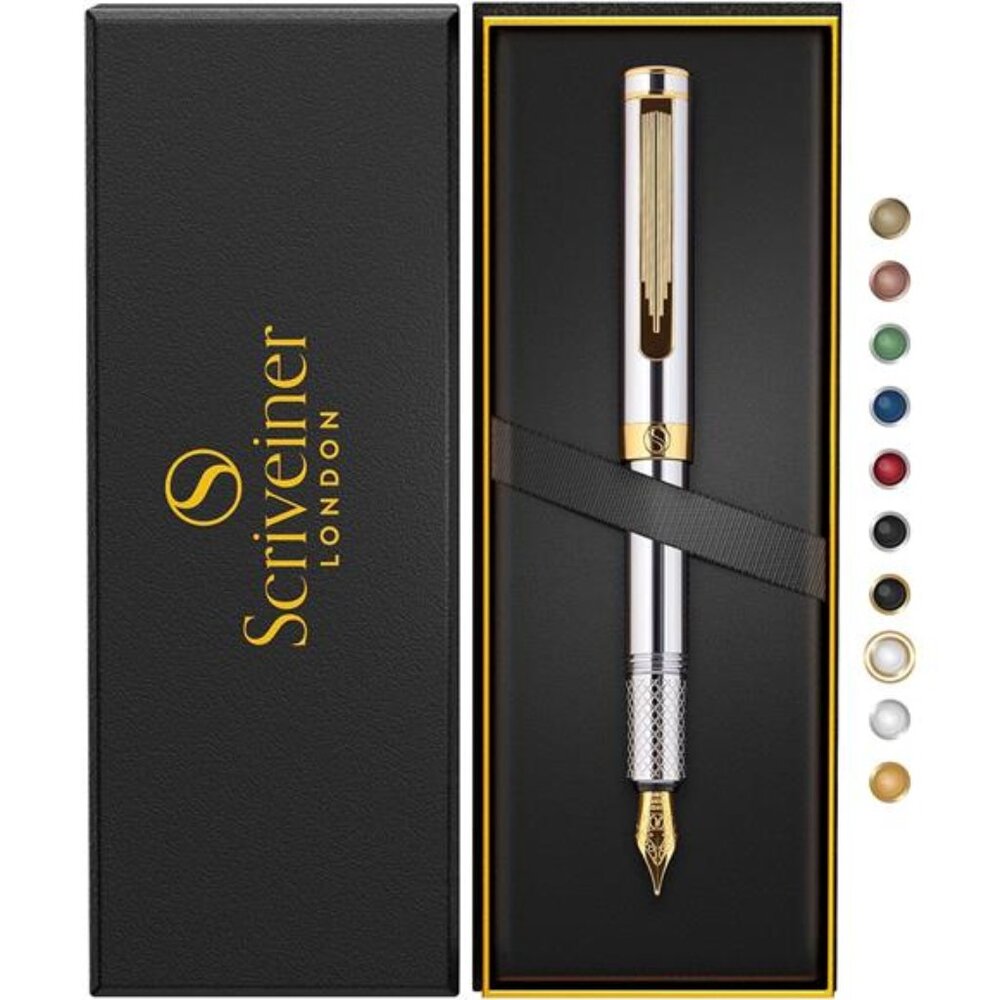 Silver Chrome Fountain Pen (Medium), Award Winning Luxury Pen, Heavy